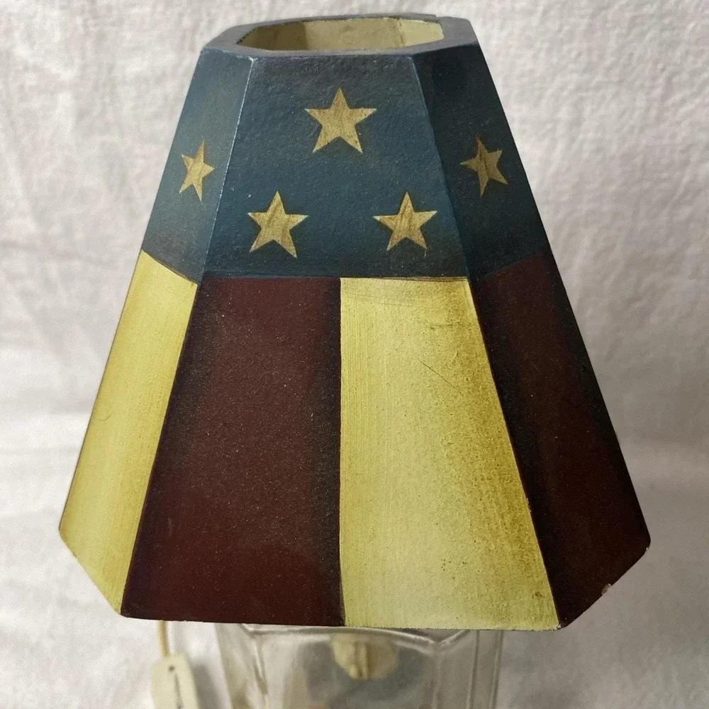 Red White Blue Americana Lamp Glass Bottom, Wood Shade Stars Flag